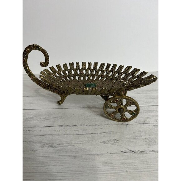 JERUSALEM Israel 1950s Ornate Brass Metal Moving Wheels Cart Basket - Picture 3 of 11